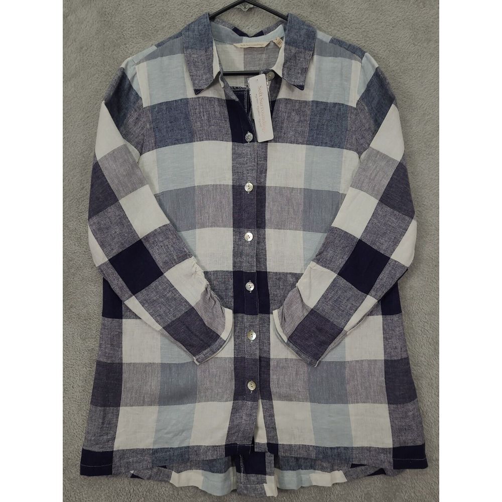 NWT Soft Surroundings Women Carreaux Blue Plaid Button Up Zip Back Top Size‎ M